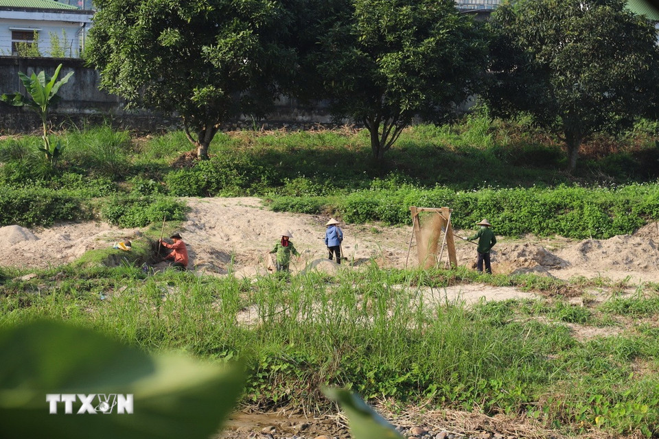 Người dân sàng cát trên bãi bồi ven suối khu vực gần quốc lộ 16 đoạn chạy qua địa bàn xã Quế Phong (Nghệ An). (Ảnh: Xuân Tiến/TTXVN)