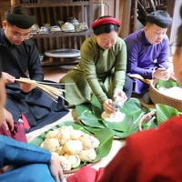 Thành viên CLB Đình làng Việt trong trang phục áo dài truyền thống cùng gói bánh chưng Tết. (Ảnh: Thanh Tùng/TTXVN)