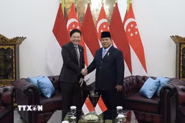 Tổng thống Indonesia Prabowo Subianto và Thủ tướng Singapore Lawrence Wong tại Cung điện Merdeka ở Jakarta. (Ảnh: Đỗ Quyên/TTXVN)