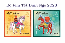 Hai mẫu tem bộ tem Tết Bính Ngọ 2026 mang thông điệp "Mã đáo thành công".