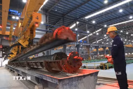 Công nhân sản xuất ống chịu lực ly tâm trong Khu công nghiệp chuyên sâu Phú Mỹ 3, phường Tân Phước, Thành phố Hồ Chí Minh. (Ảnh: Hồng Đạt/TTXVN)