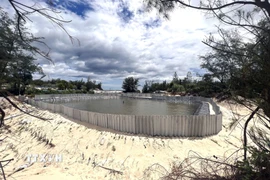 Giữa vùng rừng phòng hộ chắn cát trắng ven biển tại thôn Bắc Hòa và Tân Hải (xã Cam Hồng) nay xuất hiện nhiều hồ nuôi cá lóc tự phát. (Ảnh: Nguyên Linh/TTXVN)