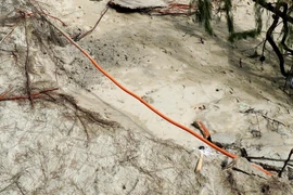 Xói lở cát làm lộ thiên ống điện ngầm. (Ảnh: Lê Phước Ngọc/TTXVN)