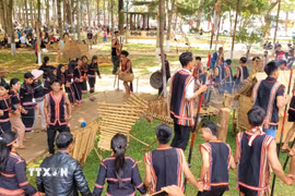 Đoàn nghệ nhân huyện Chư Păh (Gia Lai) tái hiện lại lễ cúng nhà rông. (Ảnh: Hoài Nam/TTXVN)