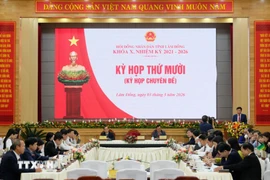 Kỳ họp thứ 10 (Kỳ họp chuyên đề) Hội đồng Nhân dân tỉnh Lâm Đồng được tổ chức theo hình thức trực tiếp và trực tuyến. (Ảnh: Nguyễn Dũng/TTXVN)