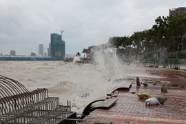 Nước sông Hàn dâng cao và sóng lớn cao hơn 3 mét liên tục đánh mạnh vào bờ kè. (Ảnh: Anh Dũng/TTXVN)