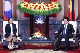 Chủ tịch nước Lương Cường tiếp Phó Chủ tịch nước Lào Pany Yathotou. (Ảnh: Lâm Khánh/TTXVN)