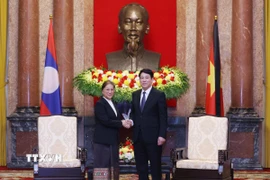Chủ tịch nước Lương Cường tiếp Phó Chủ tịch nước Lào Pany Yathotou. (Ảnh: Lâm Khánh/TTXVN)