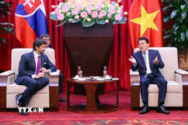 Đại tướng Lương Tam Quang, Bộ trưởng Bộ Công an tiếp ngài Robert Kalinak, Phó Thủ tướng, Bộ trưởng Bộ Quốc phòng Slovakia. (Ảnh: Phạm Kiên/TTXVN)