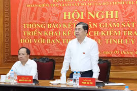 Đồng chí Phạm Gia Túc, Ủy viên Bộ Chính trị, Bí thư Trung ương Đảng, Chánh Văn phòng Trung ương Đảng, Trưởng đoàn Kiểm tra, giám sát phát biểu chỉ đạo hội nghị. (Ảnh: Phương Hoa/TTXVN)