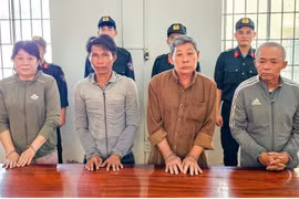 Từ trái qua: Các bị can Lâm Thị Hồng Hạnh, Nguyễn Văn Vũ, Nguyễn Duy Thành, Nguyễn Hữu Vĩnh tại cơ quan công an. (Ảnh: CAAG)
