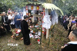 Thầy cúng thực hiện nghi lễ cúng thần rừng. (Ảnh: Tuấn Anh/TTXVN)