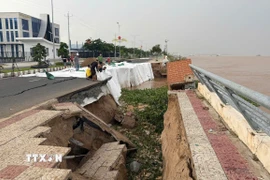 Khắc phục tạm thời điểm sạt lở, sụt lún kè Thường Thới Tiền thuộc xã Thường Phước, tỉnh Đồng Tháp. (Ảnh: TTXVN phát)