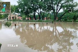 Nhiều nơi thuộc thôn Hoàng Hoa Thám, xã Yên Thế bị ngập sâu trong nước lũ. (Ảnh: TTXVN phát)