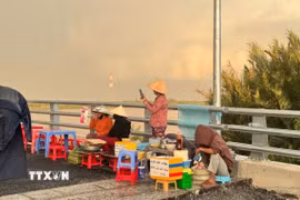 Người dân bán hàng rong trên cầu Đại Ngãi 2. (Ảnh: TTXVN phát)