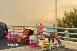 Người dân bán hàng rong trên cầu Đại Ngãi 2. (Ảnh: TTXVN phát)