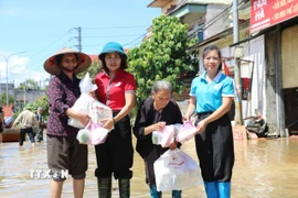 Hội Chữ thập đỏ Lạng Sơn cứu trợ người dân tại xã Thất Khê. (Ảnh: TTXVN phát)