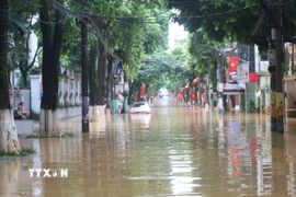 Đường Bế Văn Đàn, phường Thục Phán (Cao Bằng) bị ngập sâu. (Ảnh: Chu Hiệu/TTXVN)