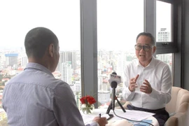 Chủ tịch CCJ Puy Kea trả lời phỏng vấn phóng viên TTXVN tại Phnom Penh nhân dịp kỷ niệm 100 năm Ngày Báo chí Cách mạng Việt Nam (21/6/1925-21/6/2025). (Ảnh: Quang Anh/TTXVN)