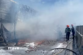 Hiện trường vụ cháy xe tải trên cao tốc Diễn Châu - Bãi Vọt. (Ảnh: TTXVN phát)