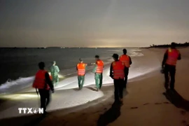 Đồn biên phòng Tam Thanh tổ chức lực lượng tìm kiếm nạn nhân bị mất tích. (Ảnh: TTXVN phát)