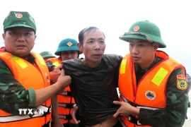 Một ngư dân được đưa vào bờ an toàn. (Ảnh: TTXVN phát)