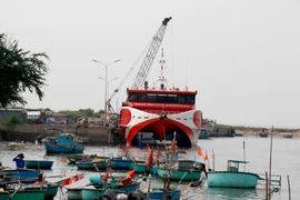 Các tàu cao tốc hoạt động tuyến Phan Thiết - đảo Phú Quý neo đậu trong cảng Thương Chánh (Lâm Đồng). (Ảnh: Nguyễn Thanh/TTXVN)