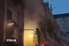 Cảnh sát chữa cháy nỗ lực dập lửa. (Ảnh: TTXVN phát)