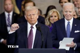 Tổng thống Mỹ Donald Trump phát biểu sau khi tuyên thệ nhậm chức ở Washington, DC., ngày 20/1/2025. (Ảnh: REUTERS/TTXVN)
