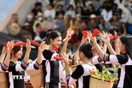 Thiếu nữ trong trang phục truyền thống biểu diễn những điệu múa tập thể hân hoan chào đón đoàn người Raglai trong lễ rước y trang. (Ảnh: Nhật Anh/TTXVN)
