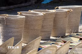 Người dân Kim Sơn sáng tạo ra các sản phẩm mới, đa dạng từ cói để đáp ứng nhu cầu của thị trường. (Ảnh: Thùy Dung/TTXVN)
