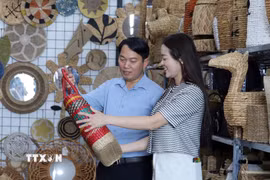 Nhiều doanh nghiệp, cơ sở sản xuất cói ở huyện Kim Sơn không ngừng nghiên cứu, cải tiến mẫu mã sản phẩm. (Ảnh: Thùy Dung/TTXVN)