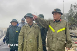 Kiểm tra khu vực kè bờ biển Thuận An. (Ảnh: Mai Trang/TTXVN)