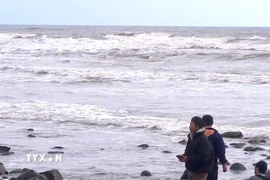 Thi thể ngư dân mất tích do chìm thuyền đánh cá được tìm thấy tại Mũi Si, xã Cửa Tùng. (Ảnh: TTXVN phát)