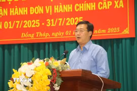 Bí thư Tỉnh ủy Đồng Tháp Lê Quốc Phong phát biểu tại hội nghị. (Ảnh: Đức Tâm/TTXVN)