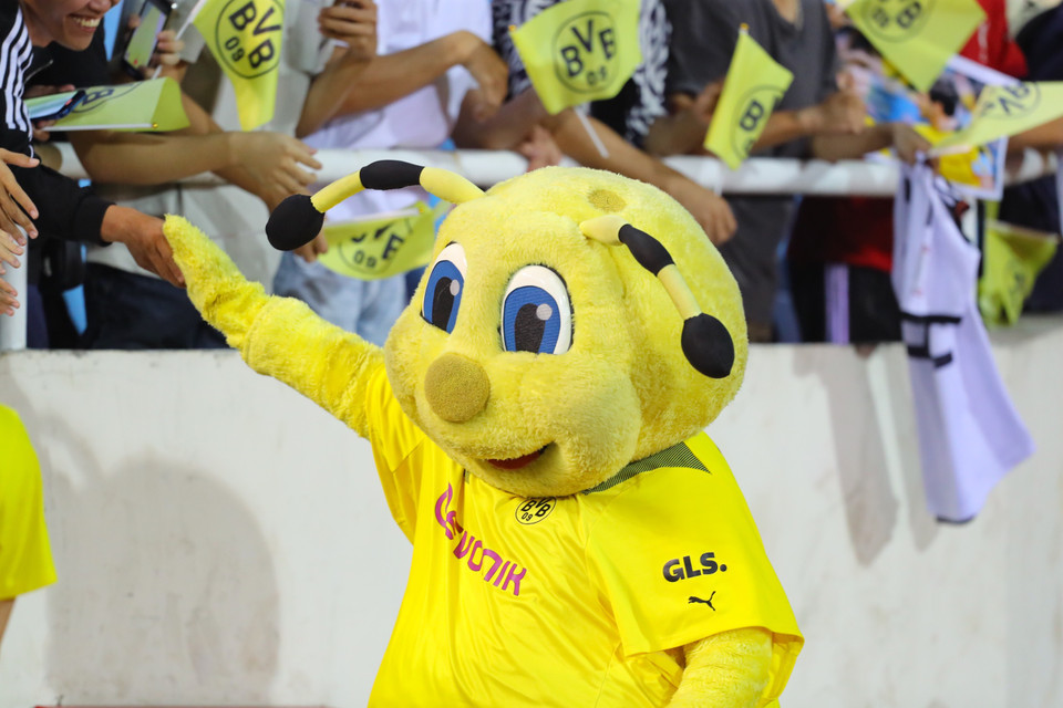 Nhóm cầu thủ nước ngoài tỏ ra thân thiện với người hâm mộ trên sân tập với những cử chỉ chào hỏi hoặc nở nụ cười. Trong ảnh, linh vật của câu lạc bộ Borussia Dortmund xuất hiện khiến khán giả phấn khích. (Ảnh: PV/Vietnam+)