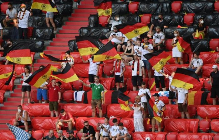 Người hâm mộ Đức cổ vũ trên sân vận động thành phố Munich trong trận Đức thắng Bồ Đào Nha 4-2