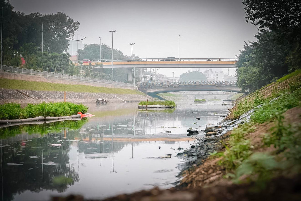 Việc xả thải quá nhiều khiến cho nguồn nước bị ô nhiễm nặng nề với những đám váng đen ngòm. (Ảnh: PV/Vietnam+)