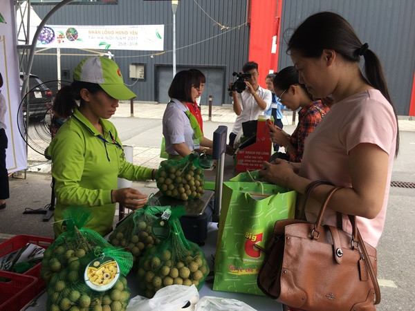 Khách hàng đứng chờ thanh toán mua sản phẩm nhãn lồng tại Tuần lễ nhãn lồng Hưng Yên tại Hà Nội. (Ảnh: Thanh Tâm/Vietnam+)