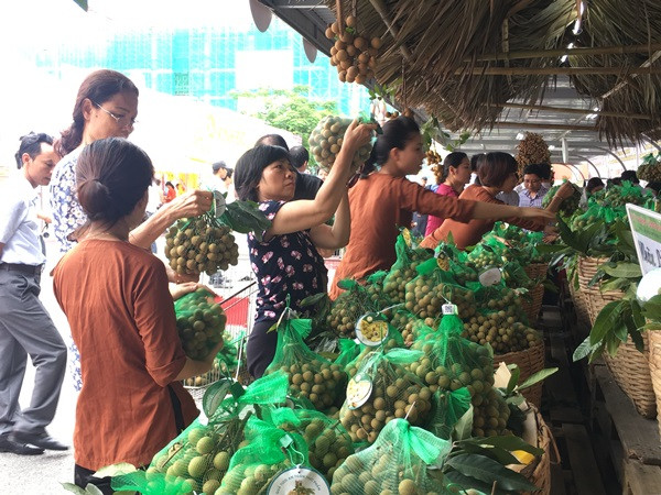 Người tiêu dùng mua sắm nhộn nhịp trong ngày đầu khai mạc Tuần lễ nhãn lồng Hưng Yên tại Hà Nội. (Ảnh: Thanh Tâm/Vietnam+)