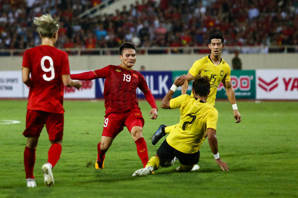 Quang Hải là người ghi bàn thắng duy nhất giúp tuyển Việt Nam đánh bại Malaysia và giành 3 điểm đầu tiên tại bảng G vòng loại hai World Cup 2022 - khu vực châu Á. (Ảnh: Nguyên An)