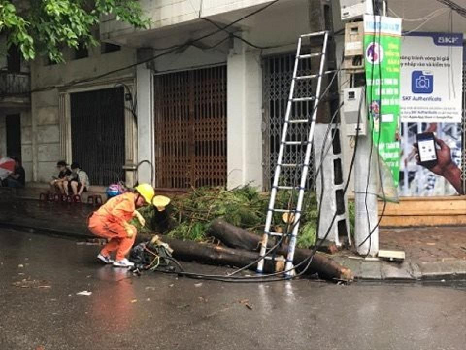 Các công nhân đang gấp rút sửa lại hệ thống điện đảm bảo tiêu dùng cho người dân. (Ảnh: PV/Vietnam+)