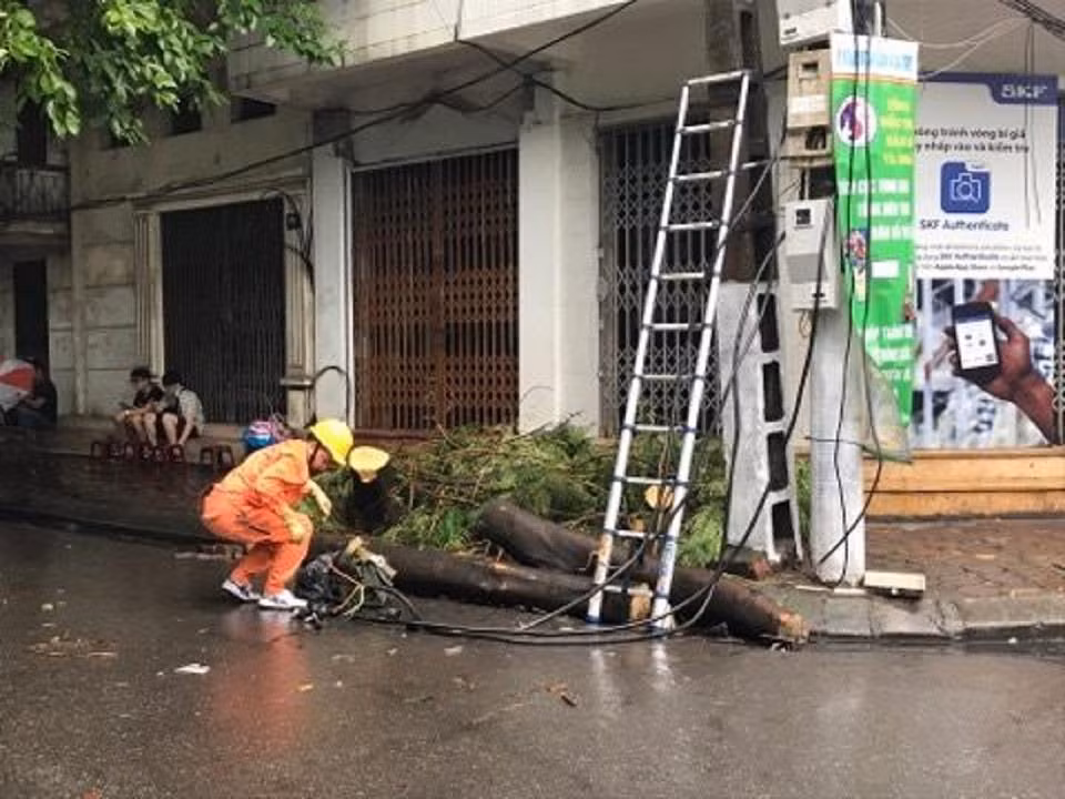 Các công nhân đang gấp rút sửa lại hệ thống điện đảm bảo tiêu dùng cho người dân. (Ảnh: PV/Vietnam+)