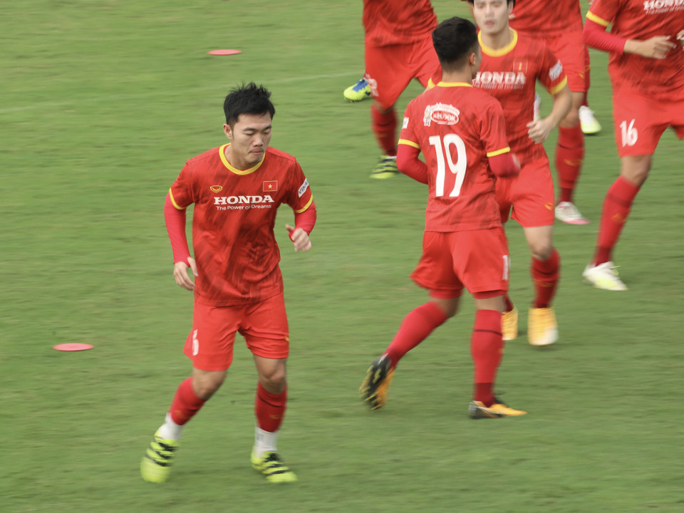 Đội tuyển Việt Nam tiếp tục tập luyện tại Hà Nội vào chiều nay (10/5) nhằm chuẩn bị cho vòng loại World Cup 2022 tại UAE. (Ảnh: PV/Vietnam+)