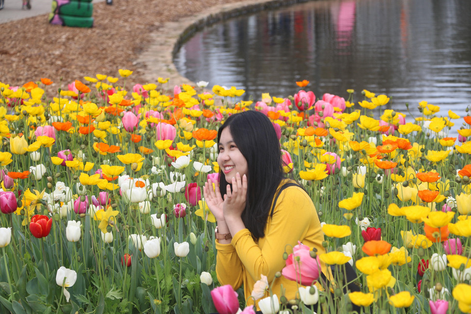 Du khách tạo dáng chụp ảnh bên sắc hoa. (Nguồn: Nguyễn Minh/TTXVN)