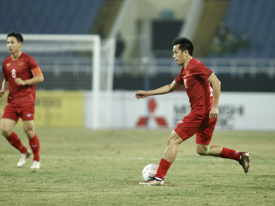 Đội hình xuất phát với 7 cầu thủ thuộc câu lạc bộ Hà Nội giúp tuyển Việt Nam chơi ăn ý và kiểm soát bóng vượt trội. (Ảnh: PV/Vietnam+)