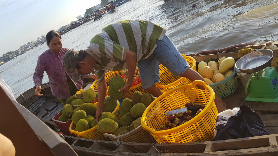 Các loại trái cây đặc sản của Đồng bằng Sông Cửu Long được bán tại chợ nổi. (Ảnh: Vietnam+)
