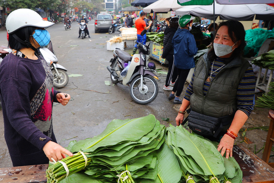 Bà Loan bán lá dong ở đây đã hàng chục năm cho biết: 'Lá dong năm nay nhập khó nên chúng tôi buộc phải bán giá đắt hơn nhiều so với năm ngoái, giá lá dong cũng dao động theo ngày, gần Tết nhập hàng đắt hơn nên giá có thể tăng nhẹ.' (Ảnh: Hoài Nam/Vietnam+)