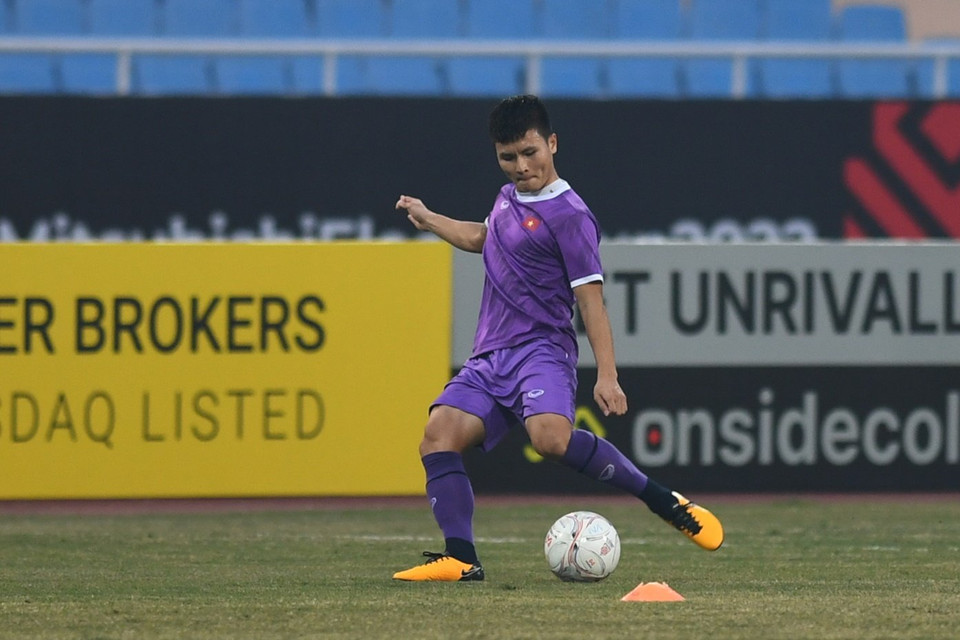 Tiền vệ Quang Hải đã trở lại tập luyện bình thường sau chấn thương và sẵn sàng ra sân từ đầu ở trận gặp Malaysia. (Ảnh: PV/Vietnam+) 