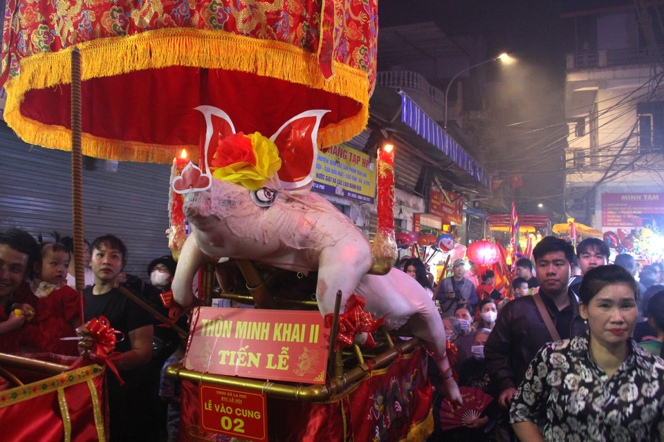 Chiều tối ngày 13 tháng Giêng hàng năm, người dân làng La Phù lại tất bật trang trí, đưa rước các "ông lợn" đến đình làng để tưởng nhớ công ơn của Đức thành hoàng làng Tĩnh Quốc Tam Lang. (Ảnh: Hồng Ngọc/Vietnam+)